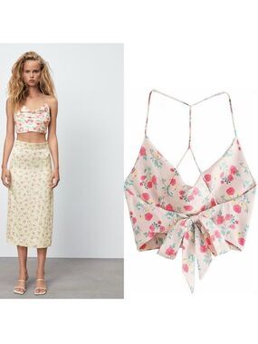 Zara cream floral flower crisscross strappy open back draped crop top Sz L NWT